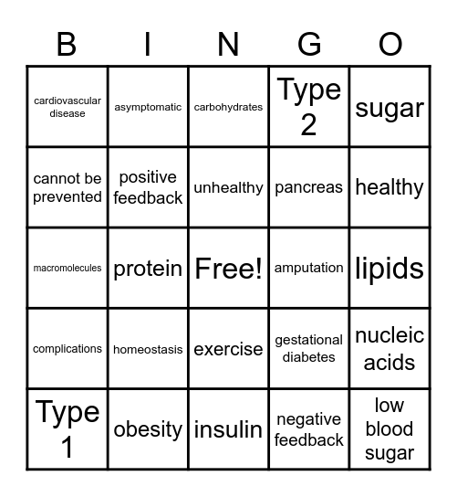 Ms. Q's Bingo Game- Diabetes Bingo Card