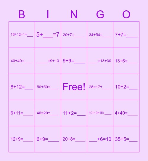 Addition Bingo Card