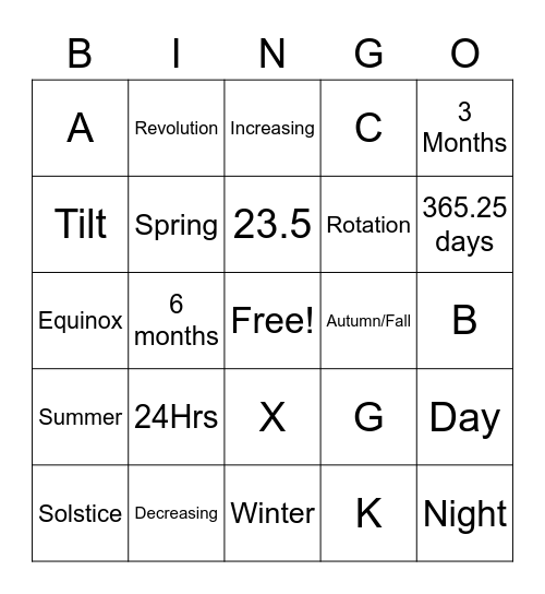 Seasons Bingo Card