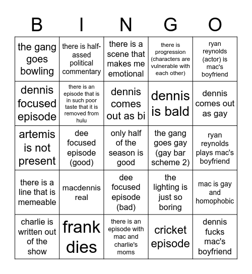 IASIP Season 16 Predictions Bingo Card