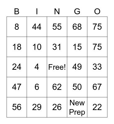 New Prep  Bingo Card