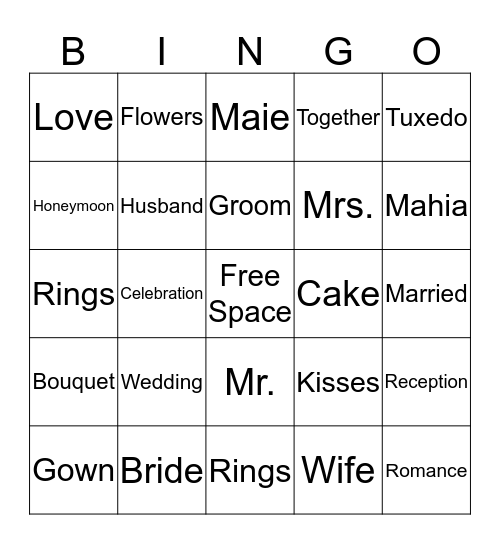 Maie's Bridal Shower Bingo Card