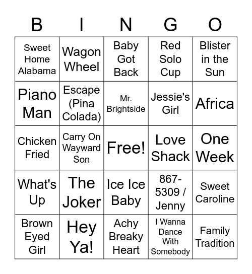 Bar Songs Bingo Card