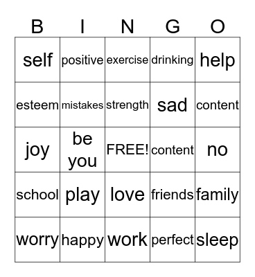 self esteem Bingo Card