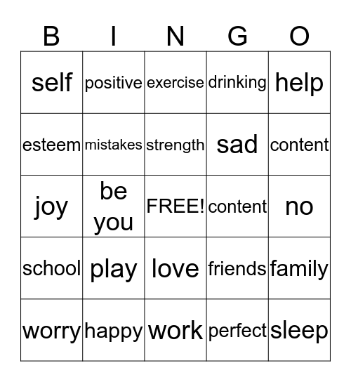 self esteem Bingo Card