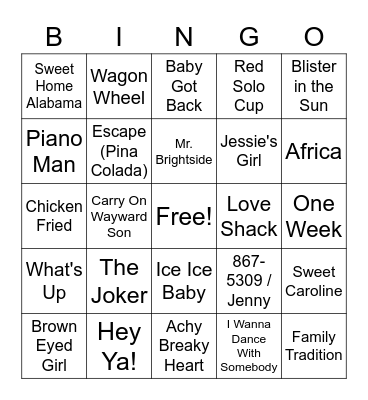 Bar Songs Bingo Card