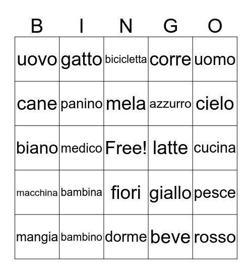 Italian Bingo Card