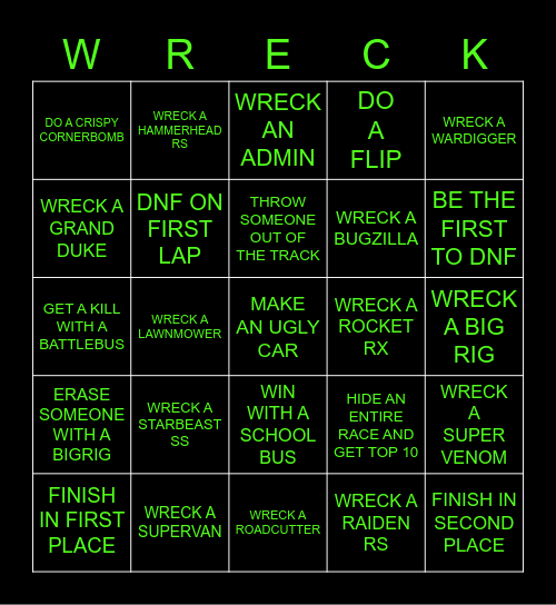 TURMS WRECKFEST BINGO Card