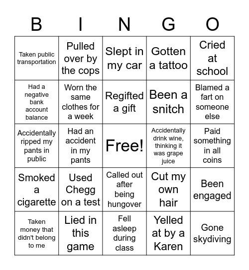 Never Have I Ever Bingo Card