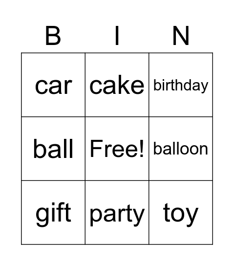 Party Vocabulary Bingo Card