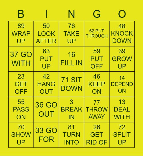 Phrasal verbs Bingo Card