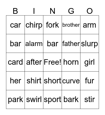 R-Controlled Bingo Card