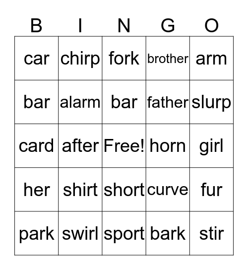 R-Controlled Bingo Card