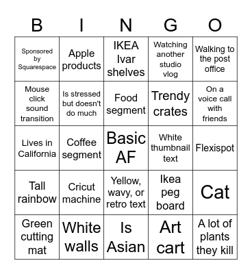 Studio Vlog Bingo Card