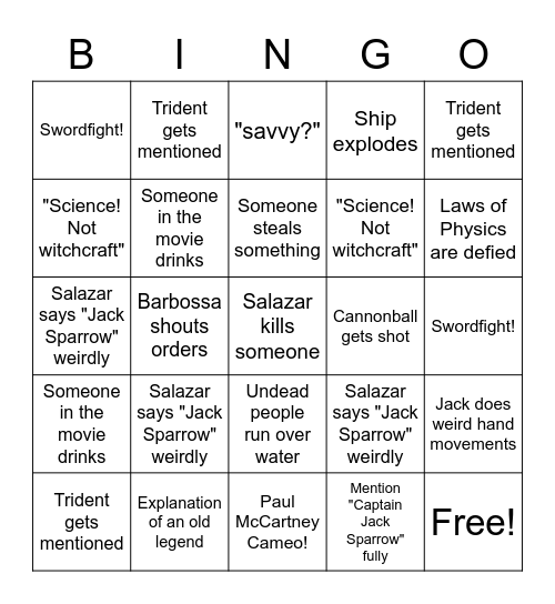 PotC-5 Drinking Bingo (2 sips per cell) Bingo Card