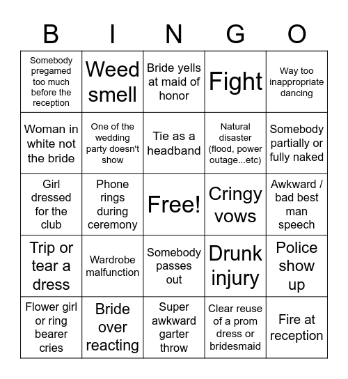 Wedding Bingo - Because we are terrible people Bingo Card