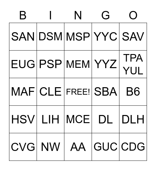 City Code Bingo Card
