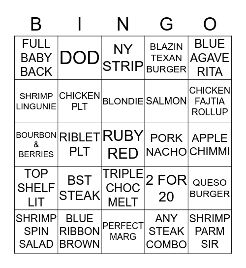 *APPLEBEE'S BINGO* Bingo Card