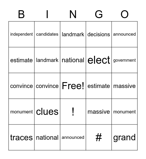 3rd Grade Vocabulary Bingo Card