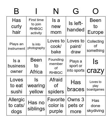 RHBGC Meet & Greet Bingo Card