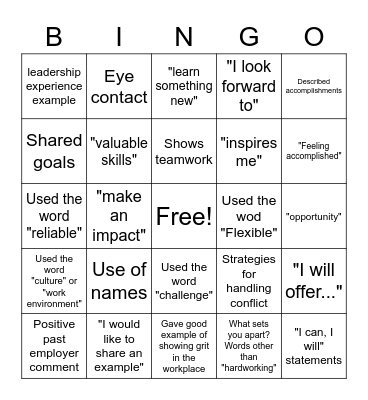 Interview Responses Bingo Card