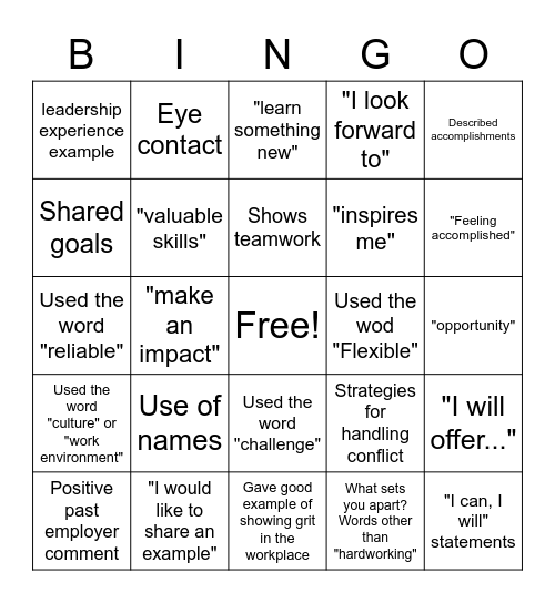 Interview Responses Bingo Card