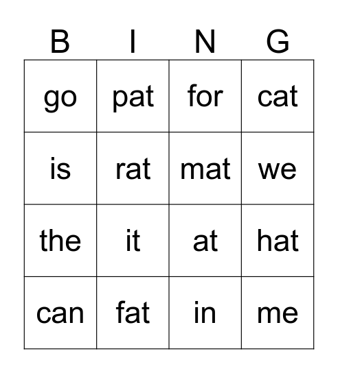 Sight Word  Bingo Card