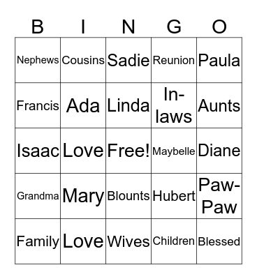 Blount Family Reunion Bingo Card