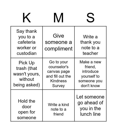 Kindness Bingo Card