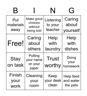 Responsibility Bingo Card
