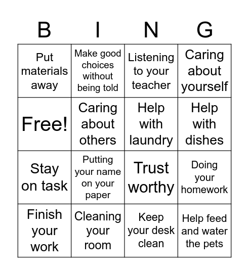 Responsibility Bingo Card