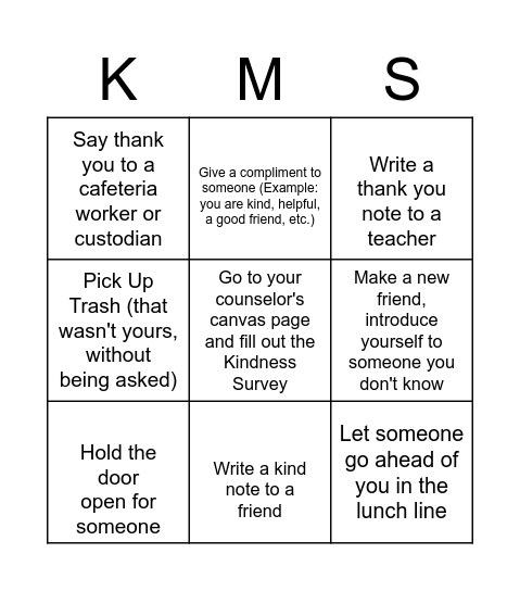 Kindness Bingo Card