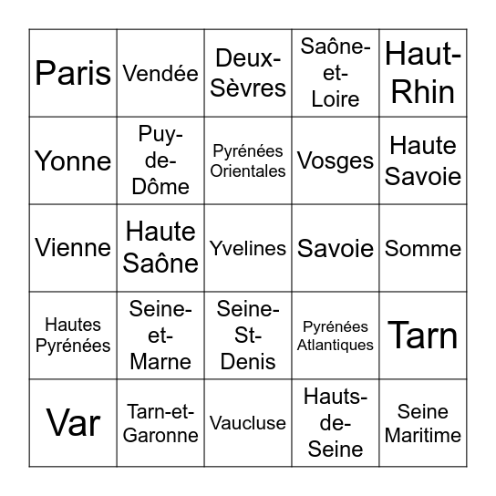 LOTO: Départements de France: 60-95 Bingo Card