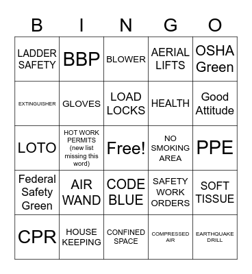 Safety Bingo Card