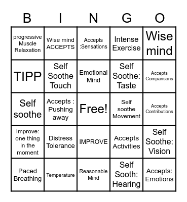 Distress Tolerance Bingo Card
