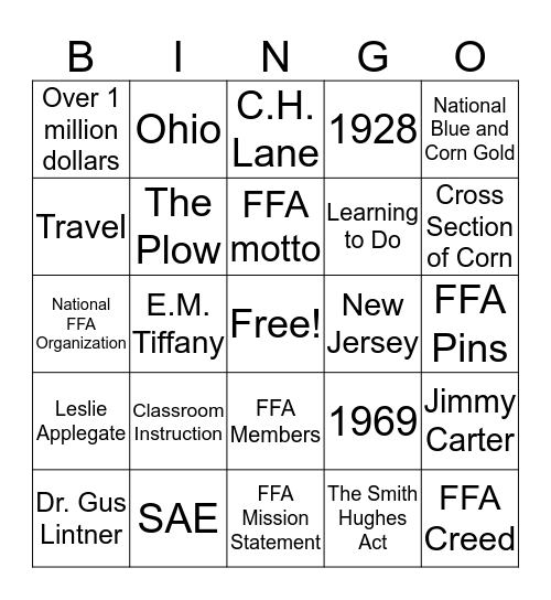 FFA Unit Bingo Card