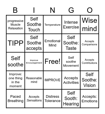 Distress Tolerance Bingo Card