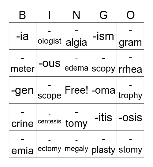 Unit 2 Suffixes Bingo Card