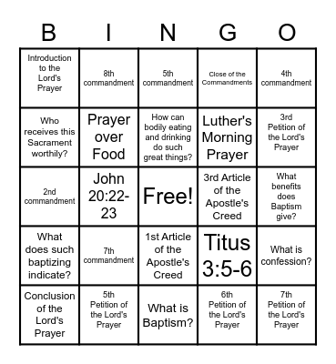 Catechism Bingo Card