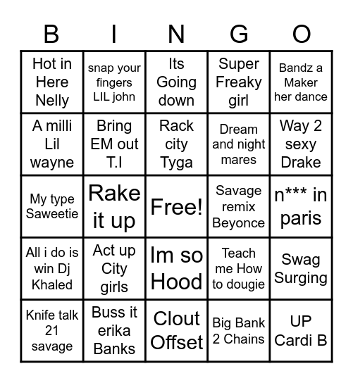 Hip Hop Bingo Card