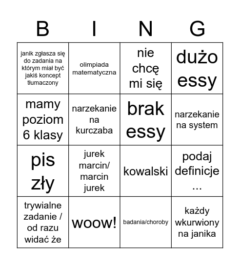 Kraszewski bingo Card