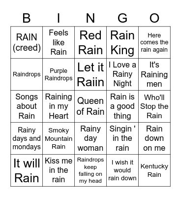 Rain Songs Bingo Card