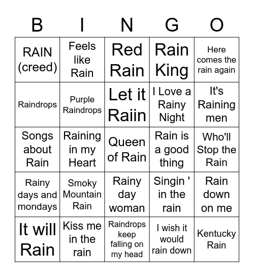 Rain Songs Bingo Card