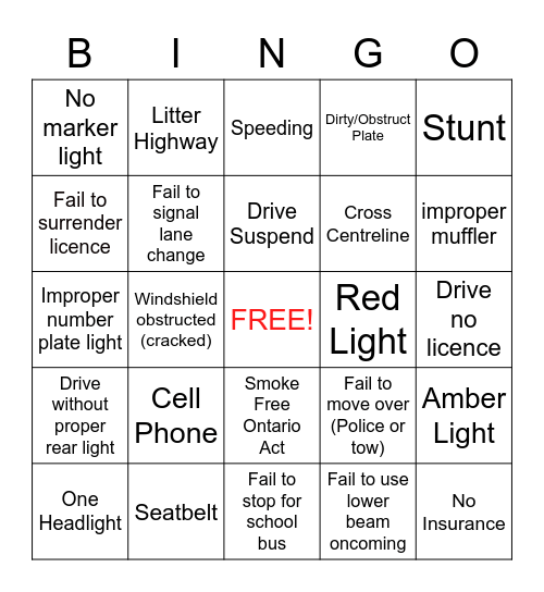 Traffic Stop Bingo Card