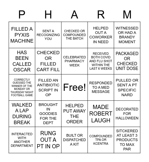 PHARMACY BIND Bingo Card