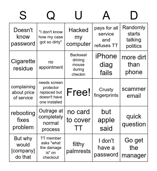 Geek Squad Bingo Card