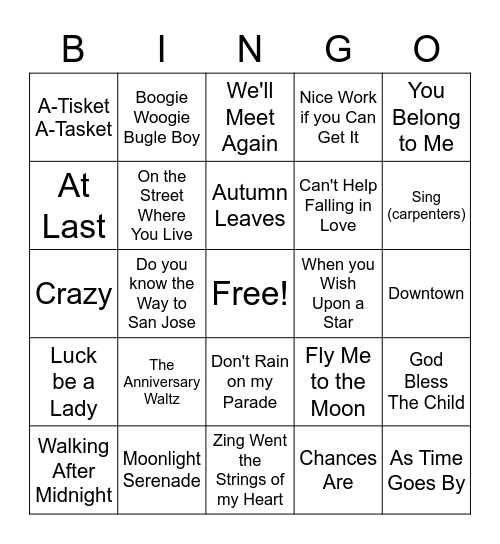 music bingo with theresa Bingo Card