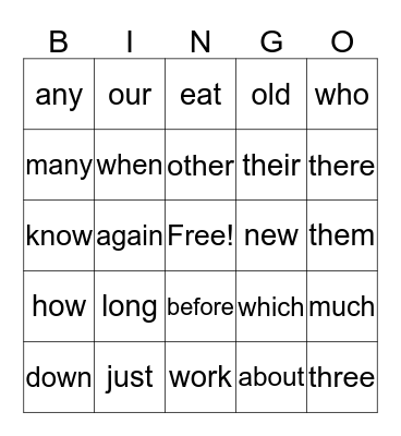 First Grade Sight Word Bingo.1 Bingo Card