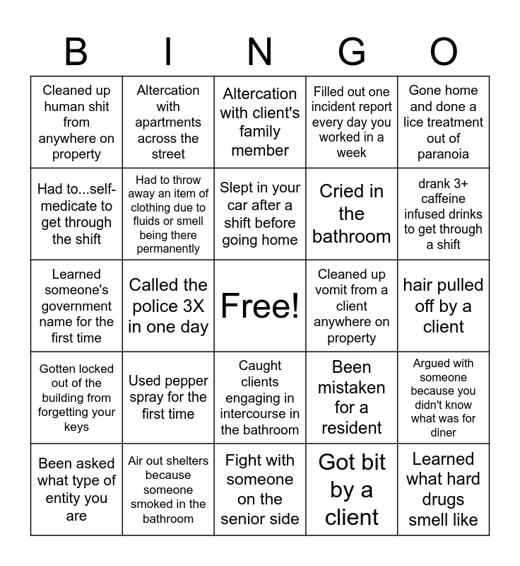 Shelter Bingo Card