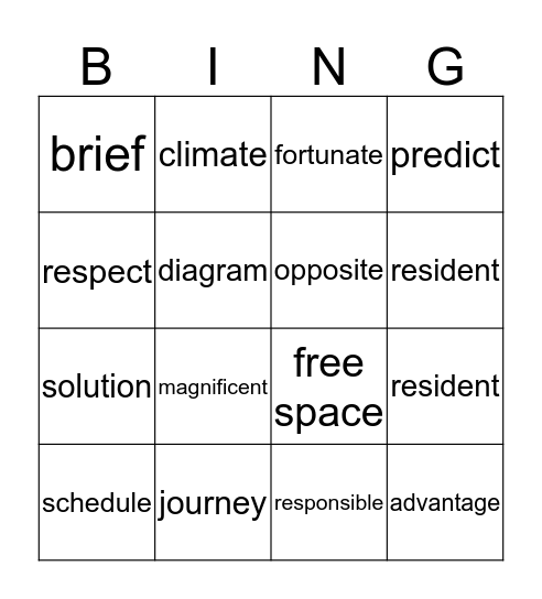 Vocabulary Bingo Card